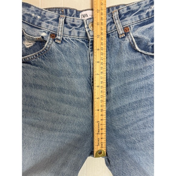 ZARA Womens Wide Leg Jeans Blue Denim High Rise Distressed Ripped Knee  Trendy 4 - Picture 5 of 8